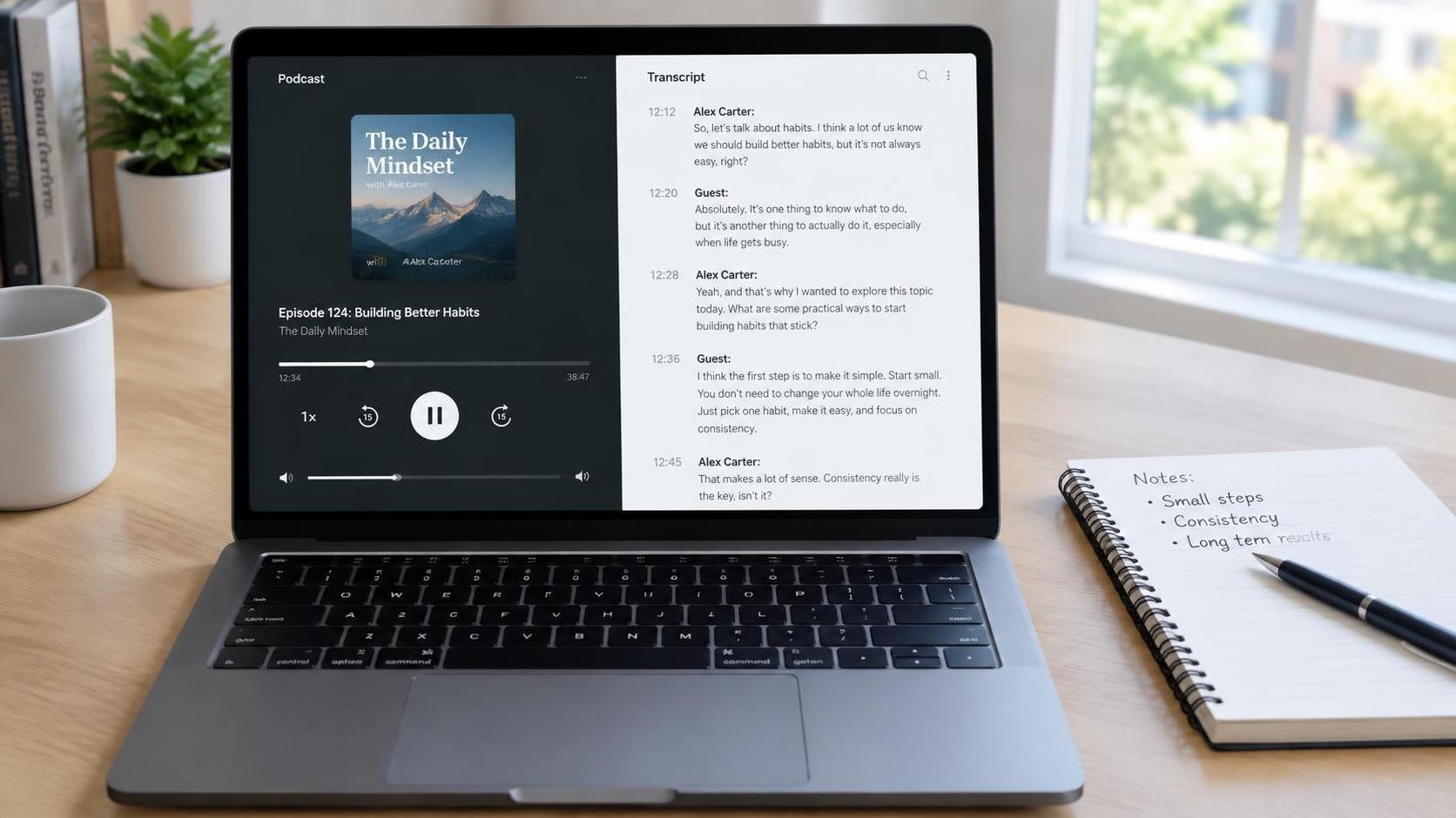 English, photorealistic, a laptop with a podcast player on the left half of the screen and a text transcript on the right half, a notebook and pen beside the laptop, clean desk, daylight, 比例 16:9
