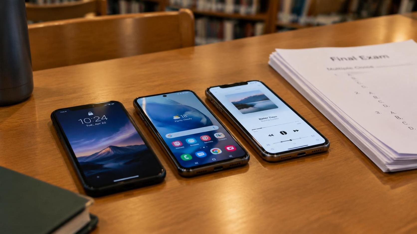 English, photorealistic, three smartphones lying side by side on a library table beside a stack of exam papers, screens glowing softly, shallow depth of field, warm indoor light, minimal text, 16:9