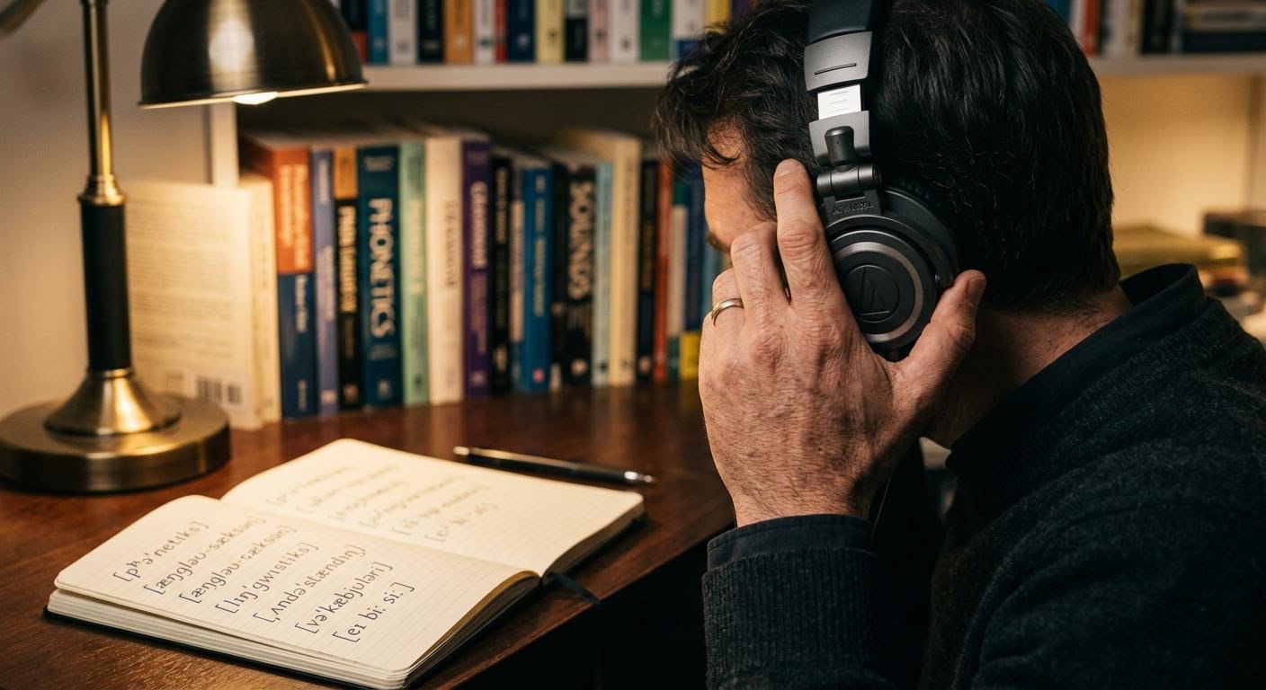 English, photorealistic, close-up of a man's hands adjusting headphones beside an open notebook with IPA symbols written on it, soft desk lamp light, shallow depth of field, minimal text