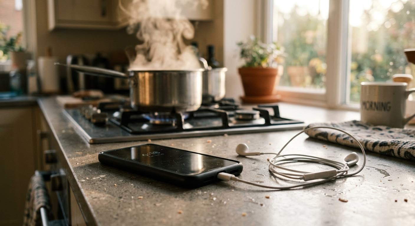 English, photorealistic, a smartphone lying on a kitchen counter with earphones plugged in, steam rising from a pot behind it, early morning light through a window, blurred background, minimal text