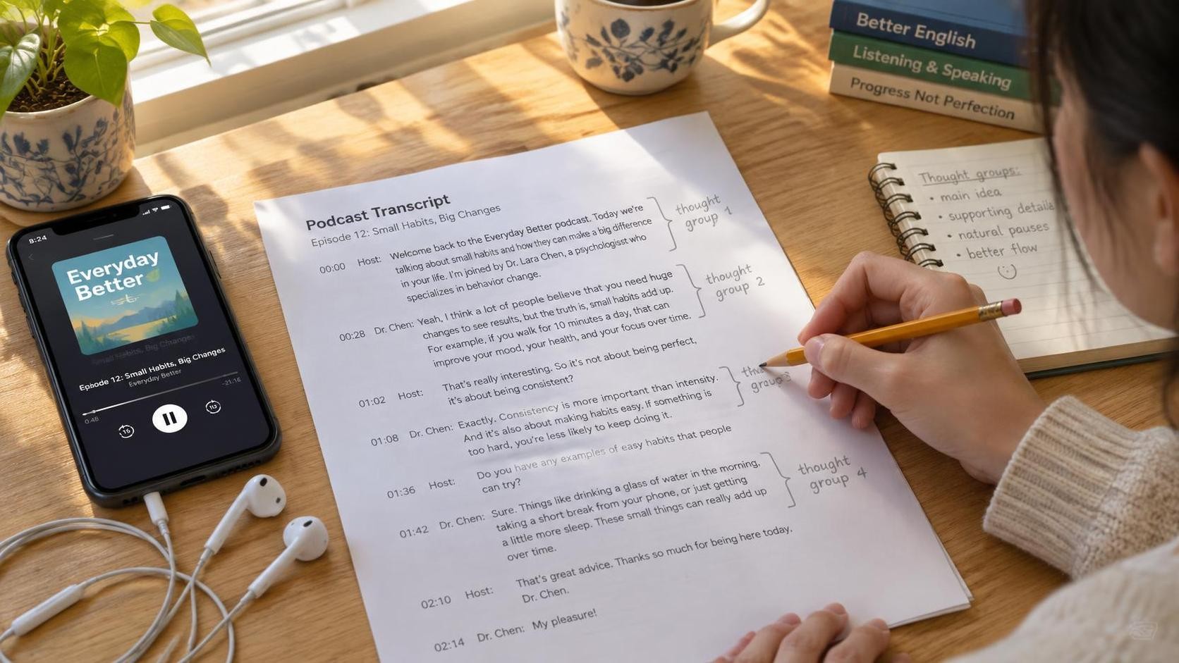 A B1 learner marking thought groups on a printed podcast transcript with a pencil, phone and earbuds beside the page, warm morning window light, 比例 16:9