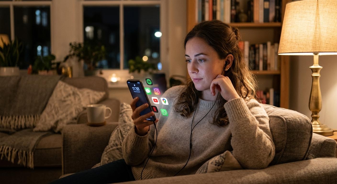 English, photorealistic, a young woman sitting on a sofa at night holding a phone with earphones, several app icons floating on the screen, warm lamp light, thoughtful expression, minimal text