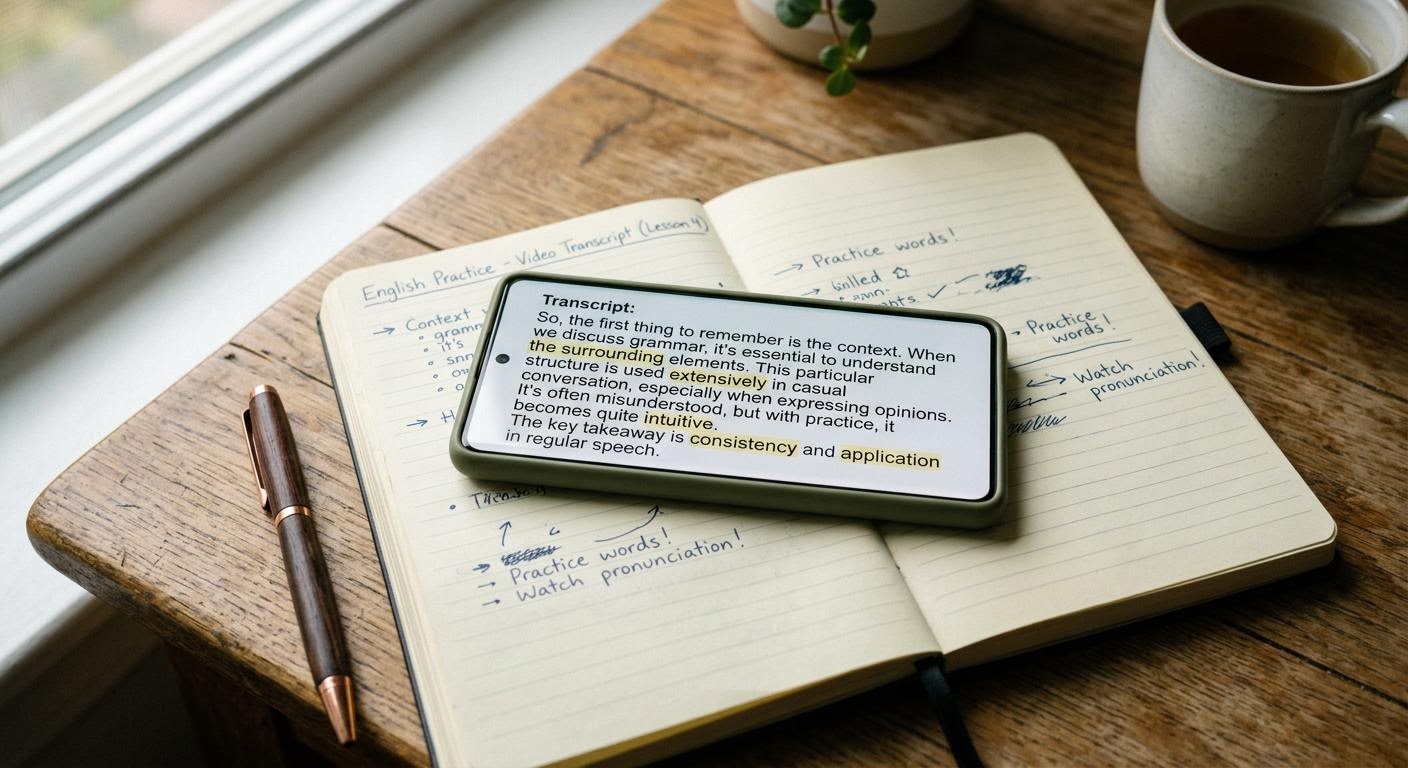 a smartphone on a notebook showing an English transcript with highlighted words, soft daylight