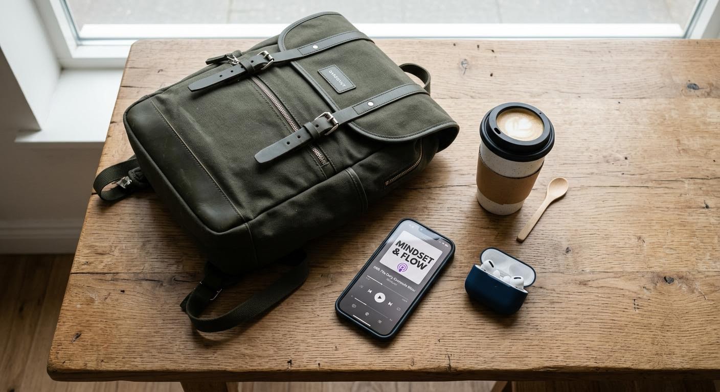 English, photorealistic, top-down flat lay of a commuter backpack, a smartphone showing a podcast lesson, wireless earbuds and a takeaway coffee cup on a wooden table, soft morning light, minimal text