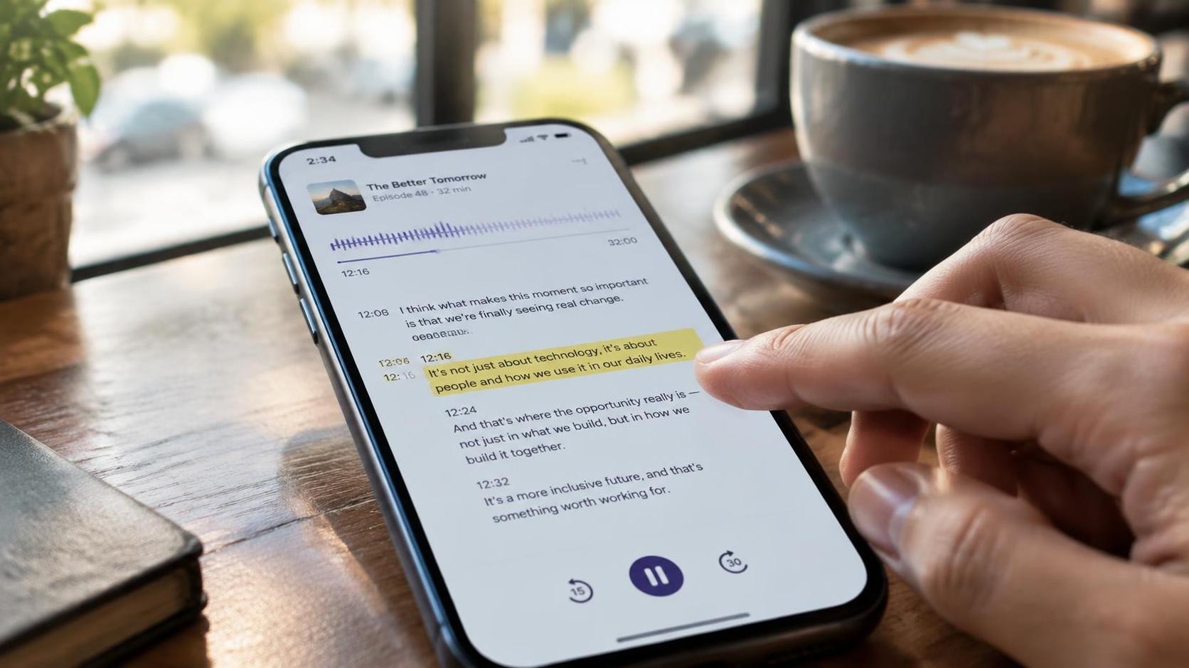 English, photorealistic, close up of a smartphone on a cafe table showing a podcast transcript with highlighted subtitle lines and a small waveform, a hand tapping one line, blurred coffee cup and window light in the background, soft afternoon lighting, minimal text, 16:9