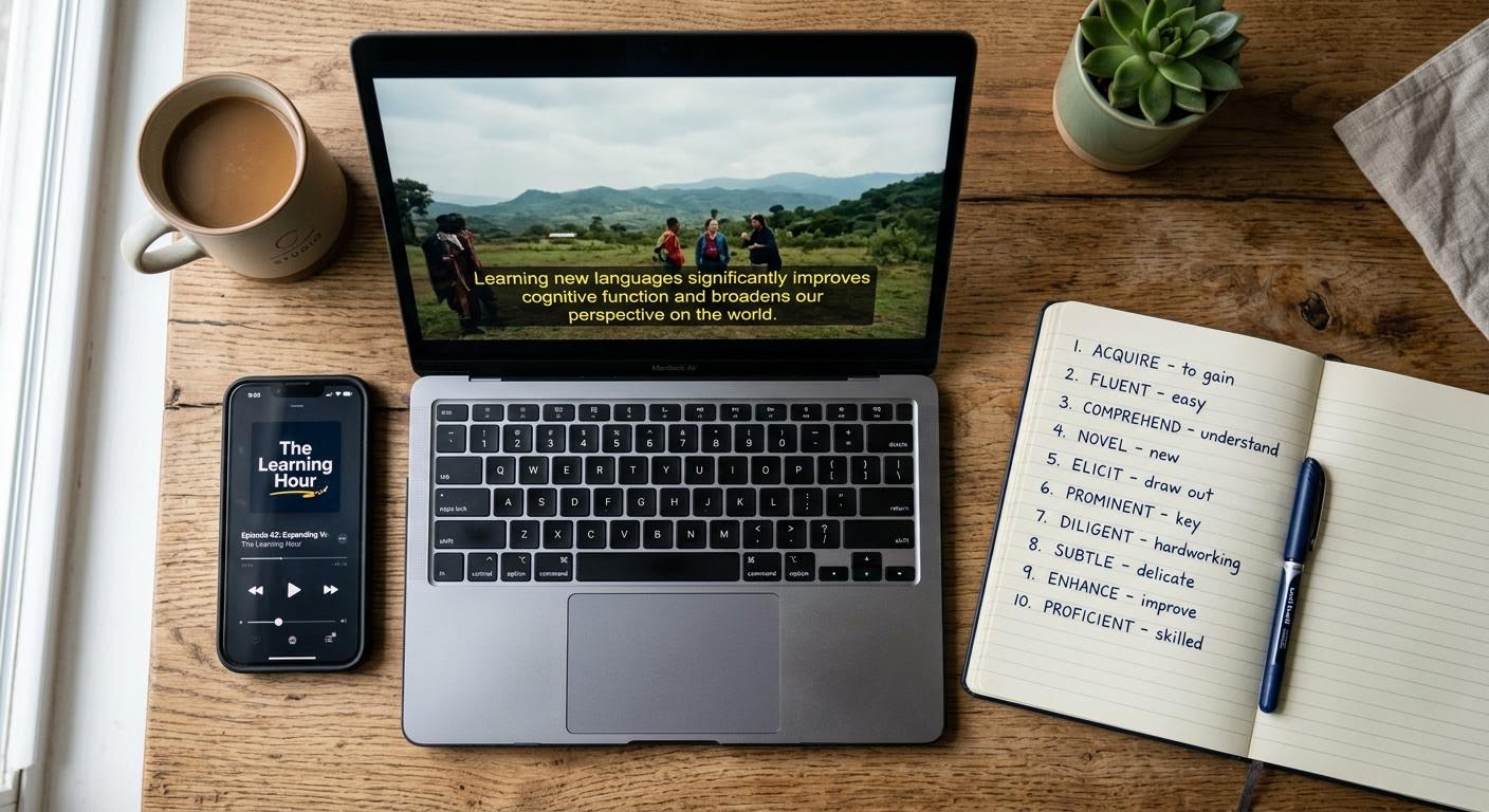 English, photorealistic, an overhead flat lay of a smartphone showing a podcast player beside a laptop playing subtitled video and a handwritten English vocabulary list, soft daylight on a wooden desk, minimal text