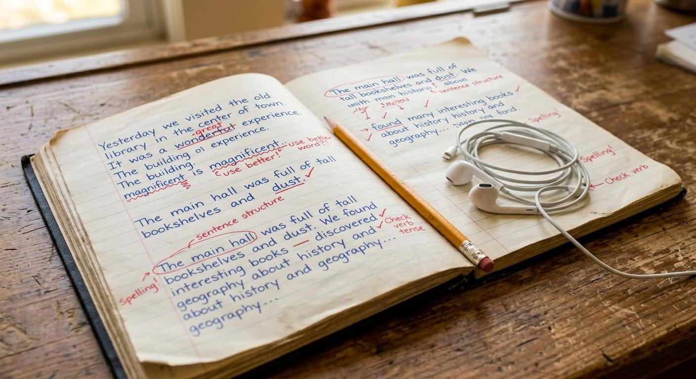 a close up of an open notebook filled with handwritten English sentences and red correction marks, a pencil and wired earbuds resting on a wooden desk, soft daylight, minimal text