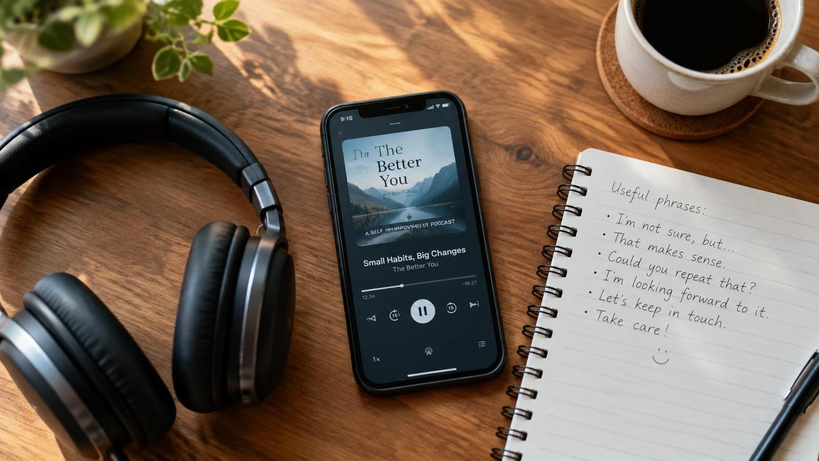 English, photorealistic, top down view of a wooden desk with a smartphone showing a podcast player, over ear headphones, a paper notebook with handwritten English phrases and a cup of coffee, soft morning window light, shallow depth of field, minimal text, 16:9