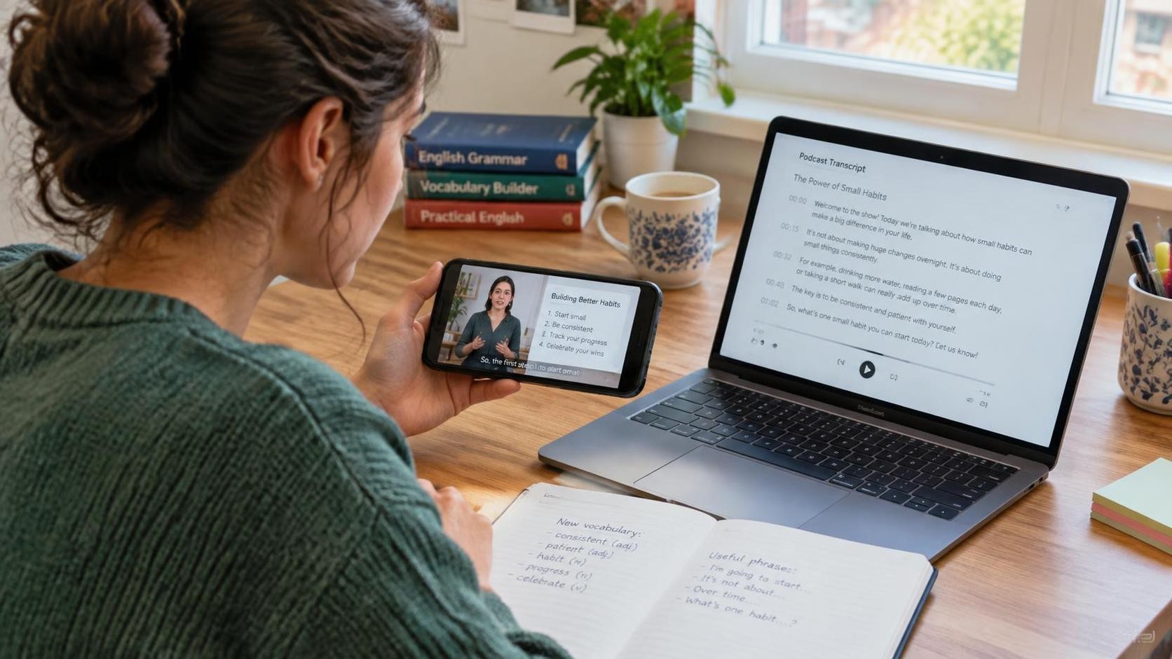 Photorealistic editorial scene of an English learner comparing a podcast transcript on a laptop with a video lesson on a phone, warm natural daylight, tidy study desk, realistic home environment, 16:9