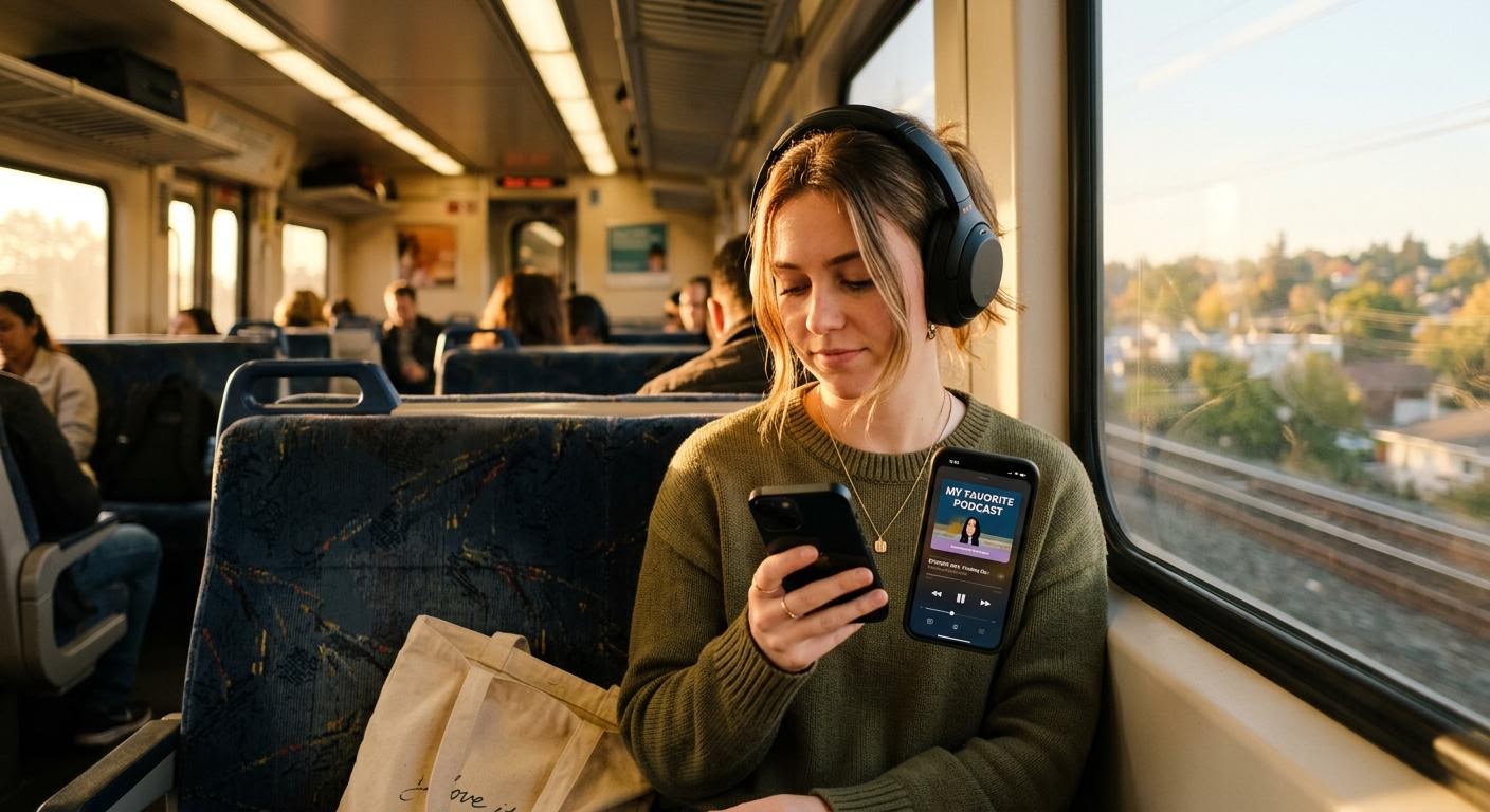 a young woman commuting on a train, headphones on, looking at a podcast app on her phone, warm morning light through the window