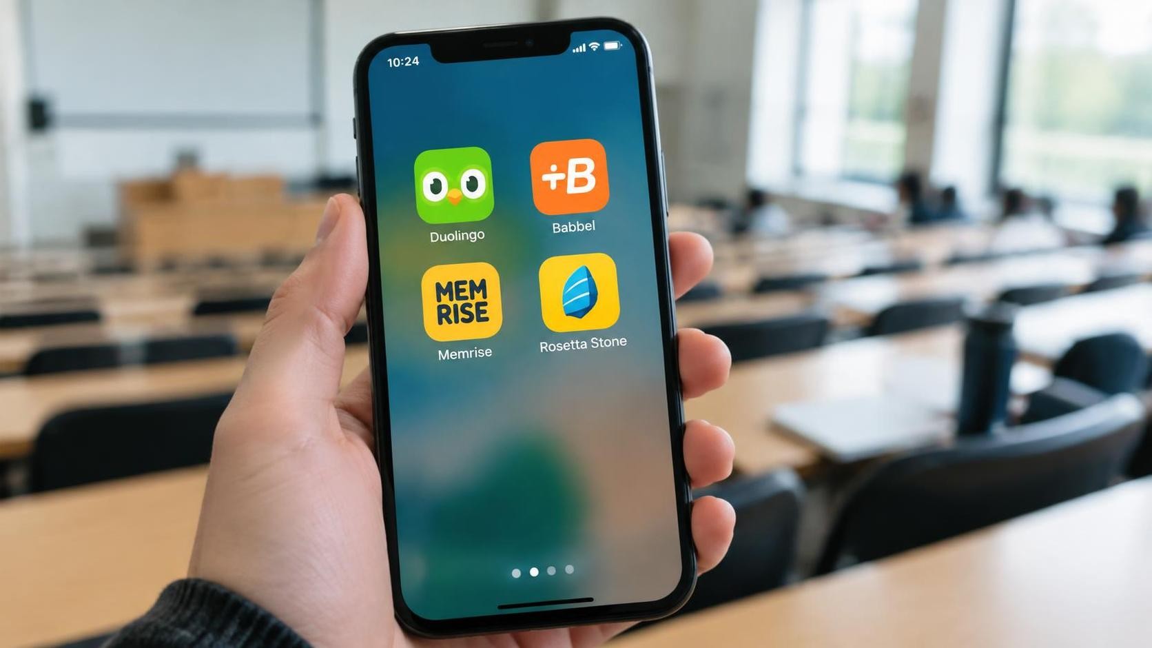 English, photorealistic, close view of a smartphone home screen held in one hand showing four language learning app icons, blurred lecture hall seating behind, soft window light, shallow depth of field, minimal text, 16:9