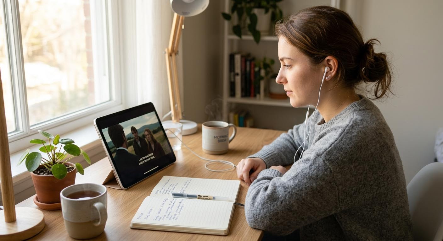 English, photorealistic, a young woman watching a tablet with English subtitles while wearing earphones at a tidy desk, soft morning light, a notebook beside her, minimal text