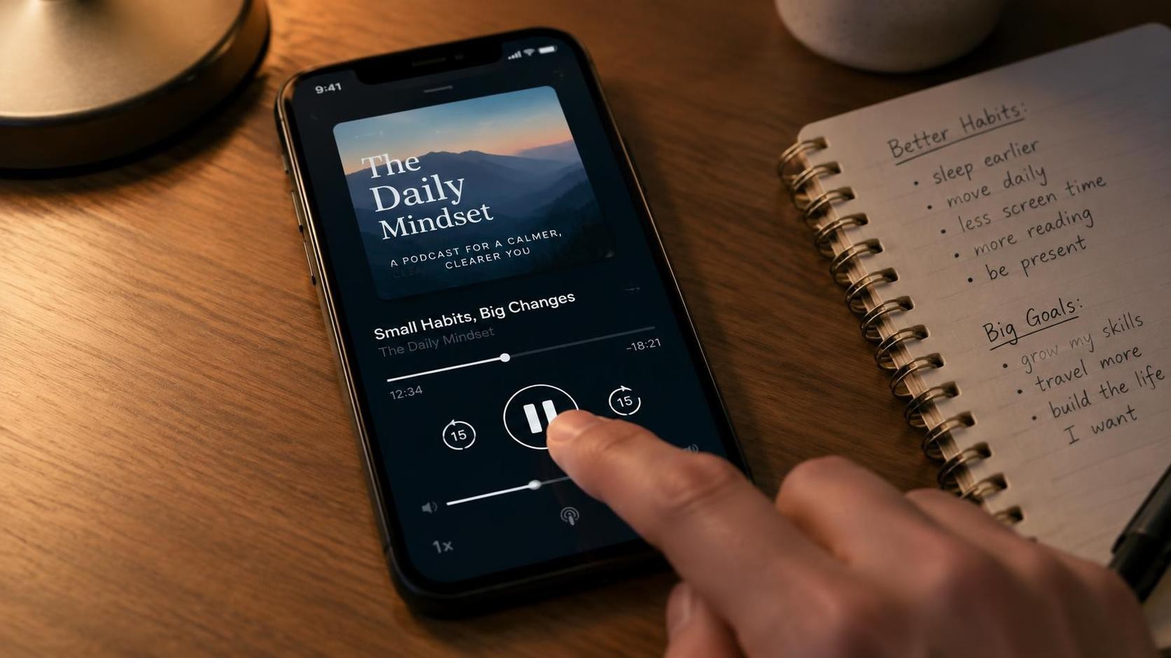 English, photorealistic, close-up of a person's hand tapping a pause button on a smartphone screen showing a podcast player, soft desk lamp light, notebook with handwritten notes beside it, minimal text, 16:9