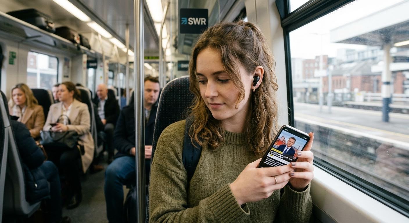 A young commuter watching a subtitled news clip on a smartphone during a morning train ride, earbuds in, natural window light, photorealistic