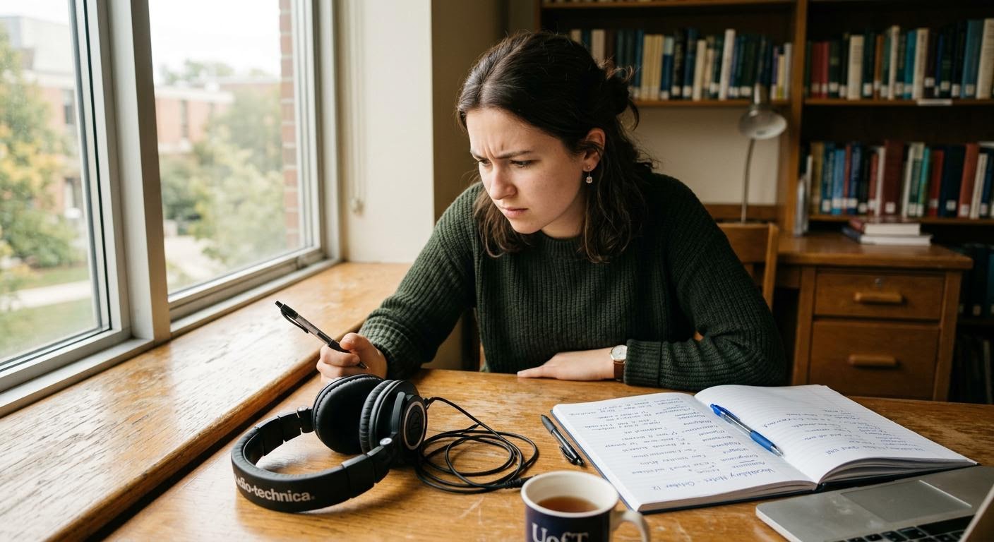 a student frowning at headphones on a desk with an open vocabulary notebook beside, soft window light, realistic photo