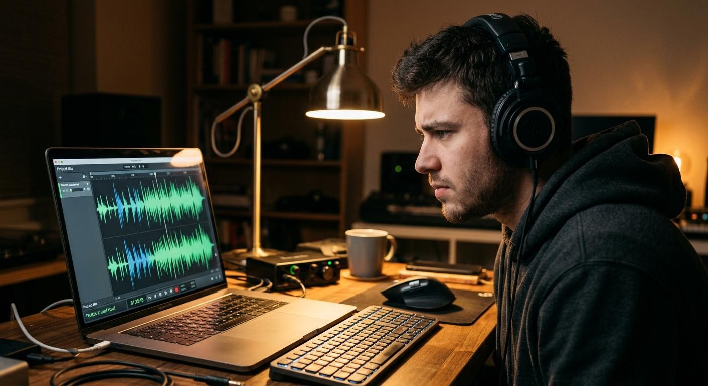 English, photorealistic, a close-up of a young man wearing over-ear headphones frowning slightly while an audio waveform fills a laptop screen on a dim desk, warm desk lamp light, minimal text