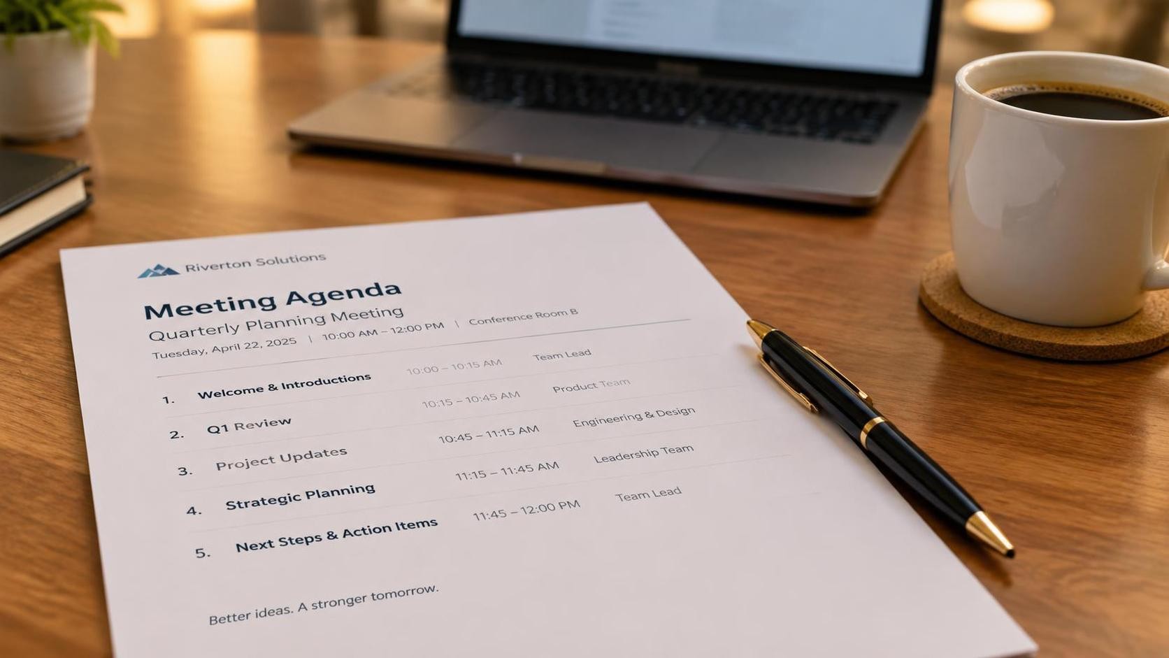 A close-up of a printed meeting agenda on a wooden desk with a pen and a cup of coffee, blurred laptop in the background, warm office lighting, 16:9