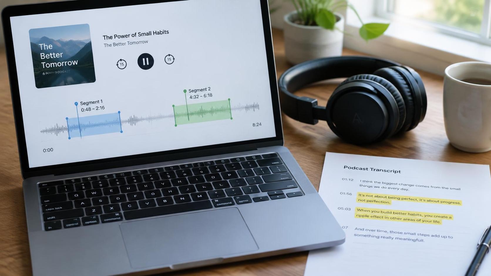English, photorealistic, close view of a laptop on a wooden desk showing a podcast player timeline split into two marked segments, a printed transcript with three lines highlighted, headphones resting beside the keyboard, soft morning light, minimal text, 16:9