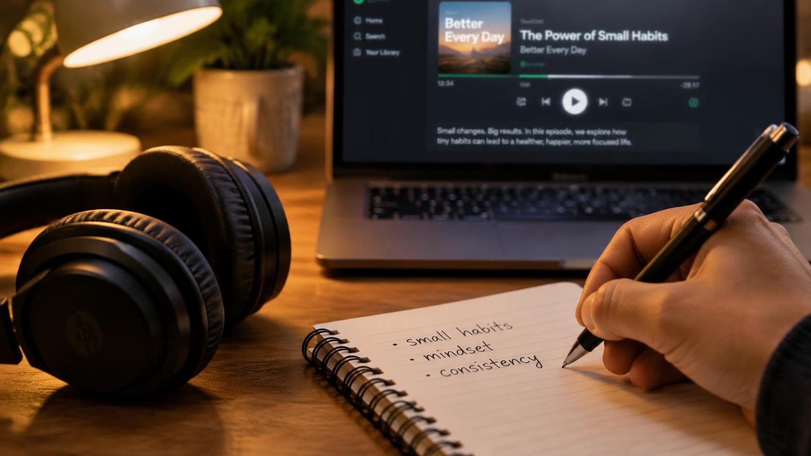 A close-up of a listener's hand jotting three keywords on a notebook beside a pair of over-ear headphones, warm desk lamp light, blurred podcast interface on a laptop screen in the background, shallow depth of field, 16:9