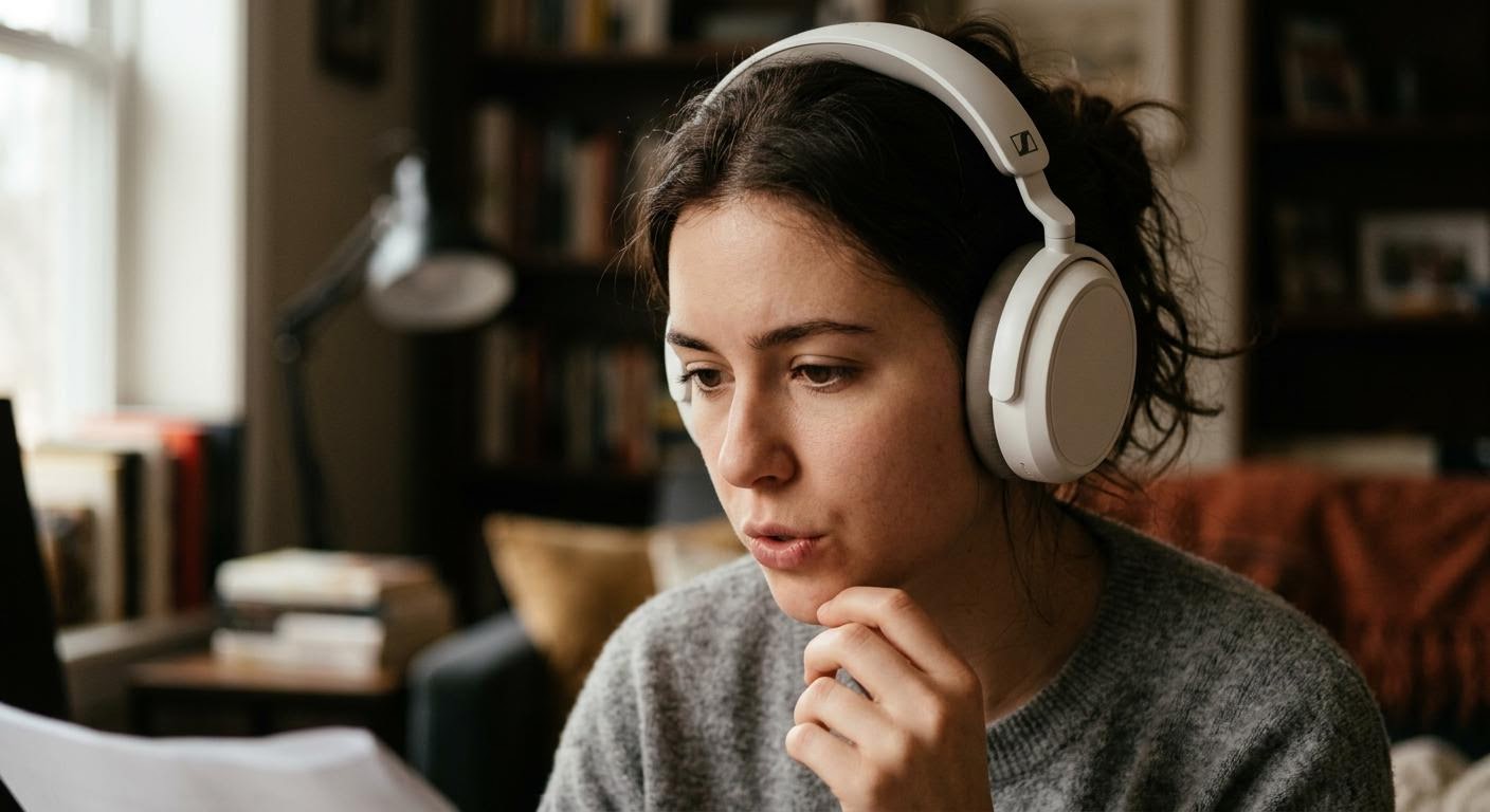 close up of a person wearing white headphones repeating a sentence quietly, focused expression, soft indoor lighting