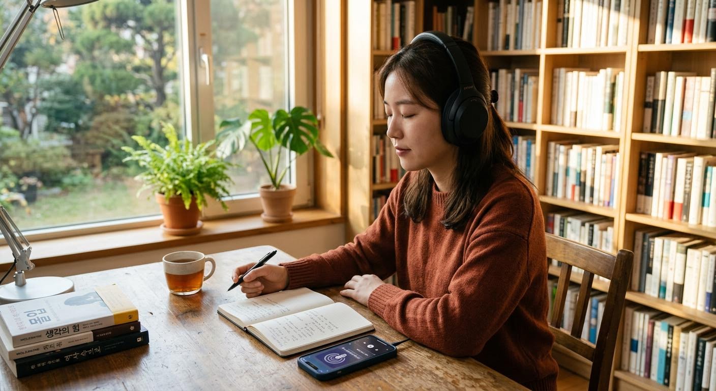 헤드폰을 낀 학습자가 눈을 감고 집중해서 팟캐스트를 듣는 모습, 책상 위 노트와 스마트폰, 오후 햇살이 들어오는 조용한 서재