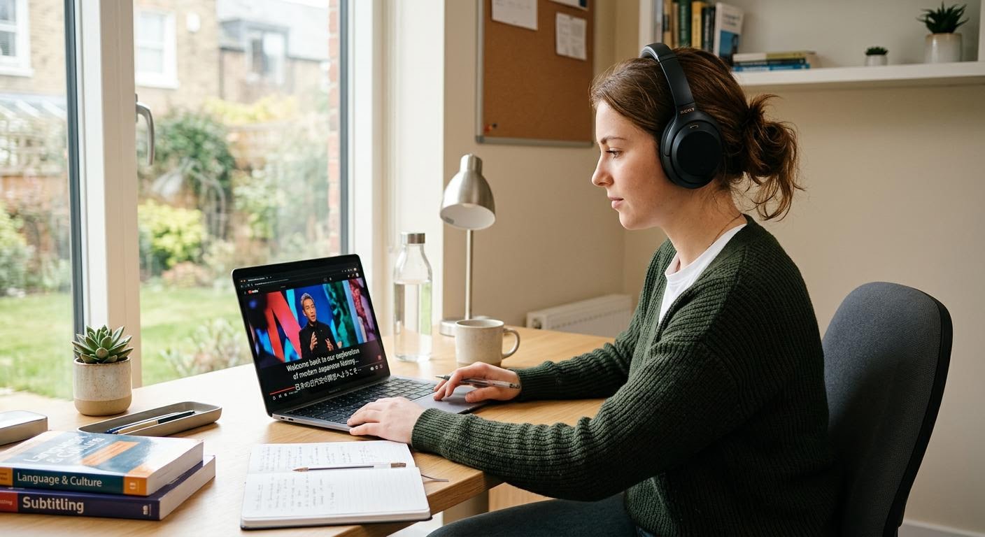 A learner wearing headphones staring at a laptop screen displaying bilingual subtitles, bright modern desk, soft daylight, photorealistic