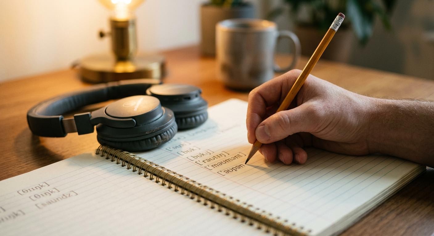 a close-up of a hand holding a pencil writing phonetic notes on lined paper, headphones resting on the notebook, soft desk lamp light, shallow depth of field, minimal text
