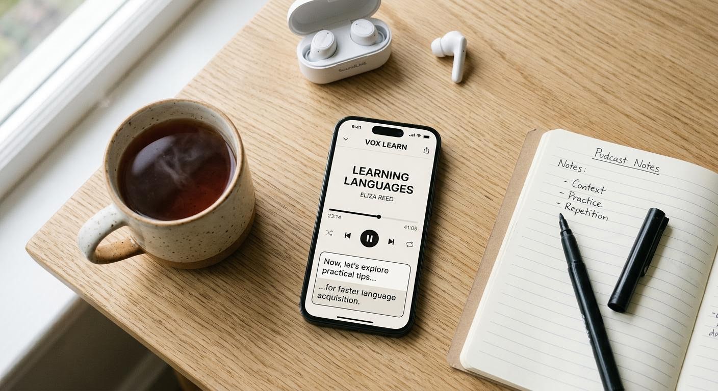 English, photorealistic, a flat lay of a smartphone showing a podcast learning app with two lines of subtitles, surrounded by earbuds, a paper notebook, and a warm cup of tea on a light wooden table, soft daylight, minimal text