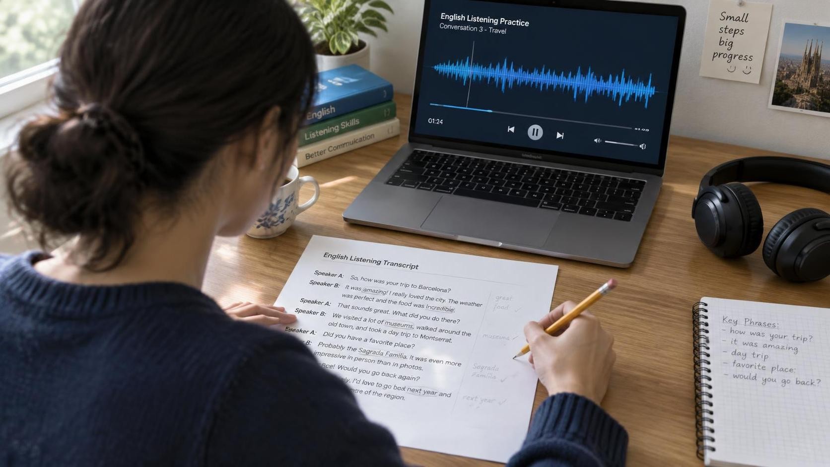 Over-the-shoulder view of a learner at a desk marking a printed English transcript with a pencil while a laptop plays an audio waveform, headphones resting nearby, soft daylight from the left, 16:9