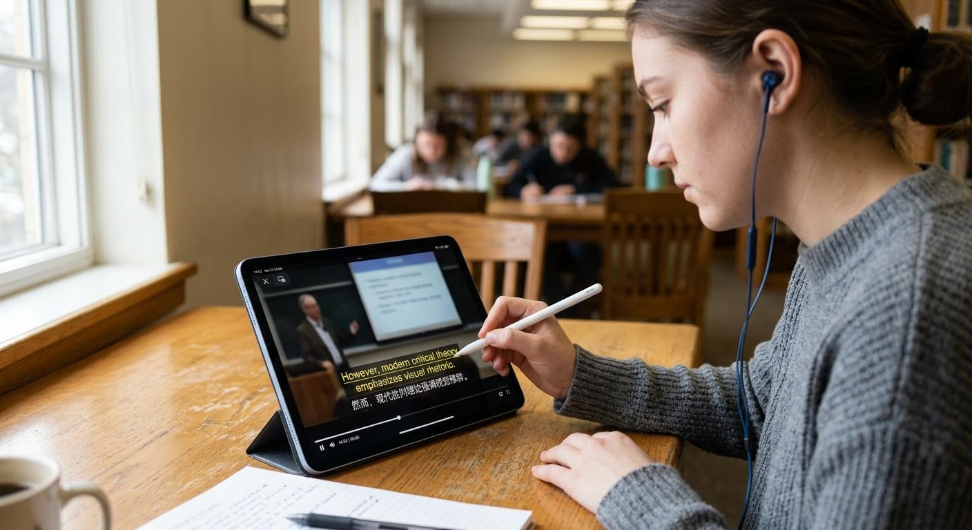 a college student highlighting subtitles line by line on a tablet while listening through earphones in a quiet library, close up of the screen showing bilingual captions, soft daylight, minimal text