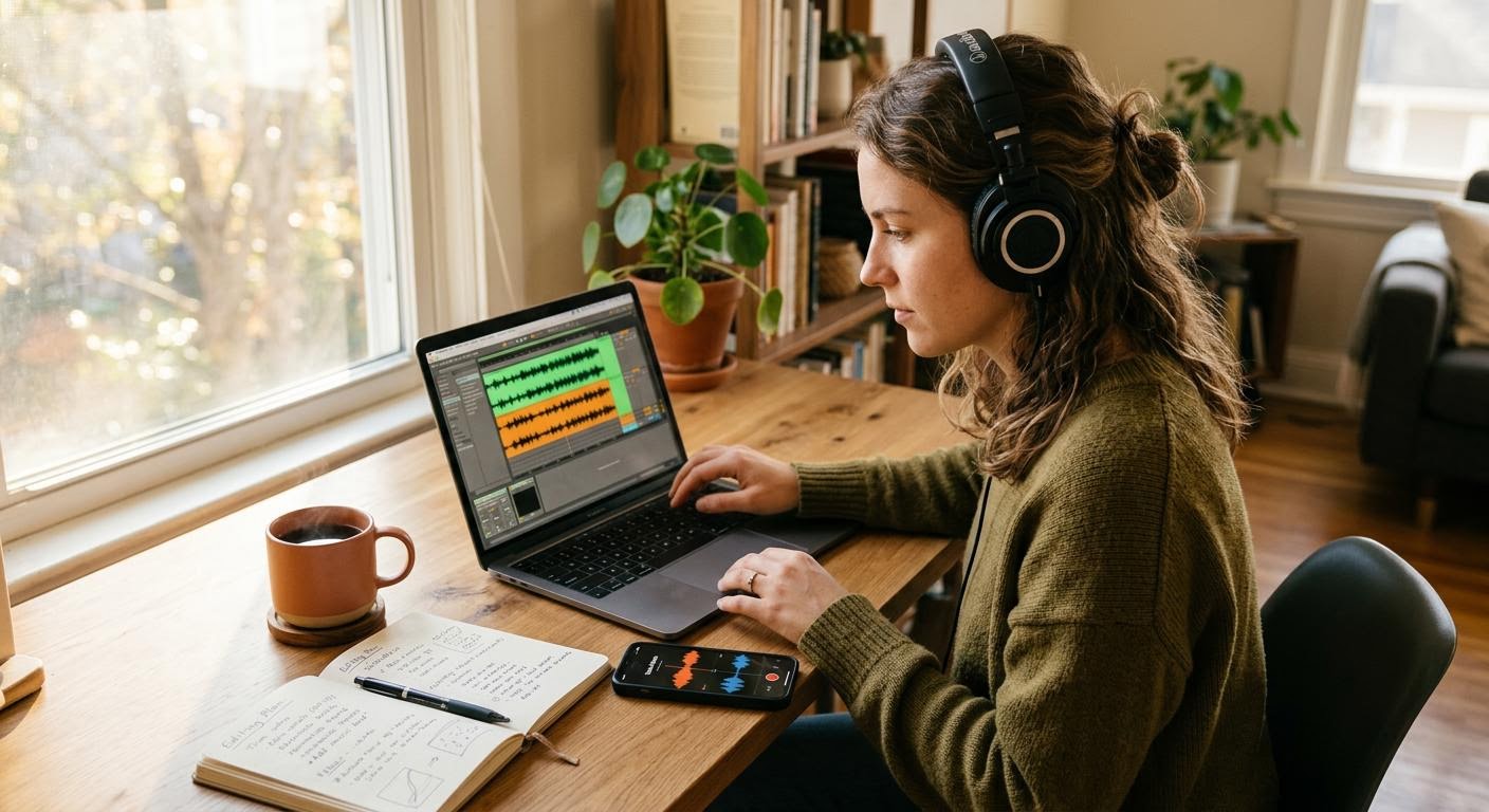 English, photorealistic, a young adult at a sunlit desk wearing headphones, laptop and phone showing audio waveforms, open notebook beside a coffee cup, warm morning light, minimal text