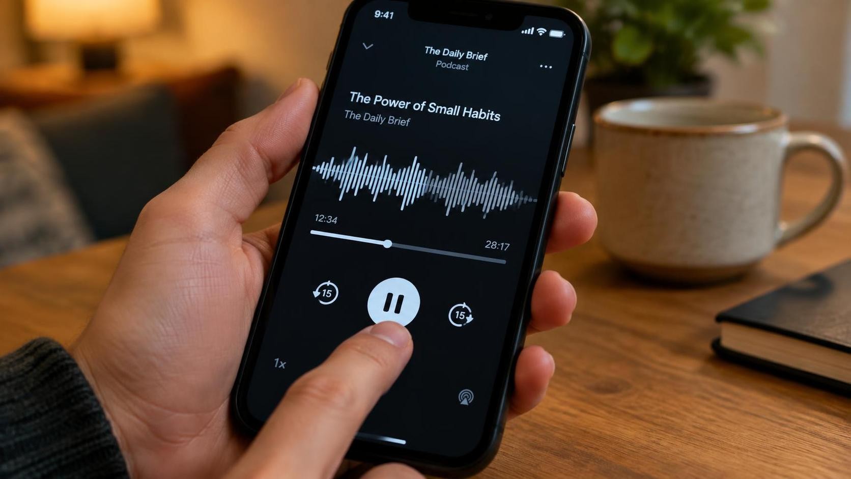 A close-up of a hand pausing on a smartphone screen showing a podcast waveform, warm indoor lighting, shallow depth of field, 16:9