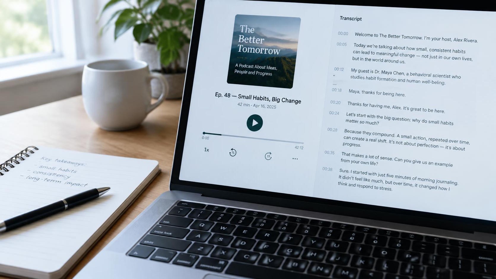 English, photorealistic, close view of a laptop screen showing a podcast episode page and a visible transcript, a notebook and pen beside the keyboard, soft daylight from the left, minimal text, 比例 16:9