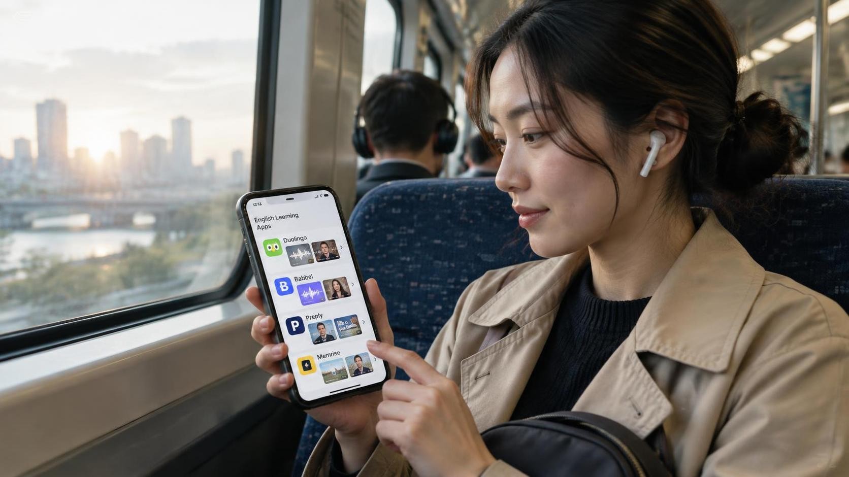 A commuter comparing four English learning apps on a smartphone, with podcast and video thumbnails visible, realistic train interior, soft morning light, minimal interface text, aspect ratio 16:9