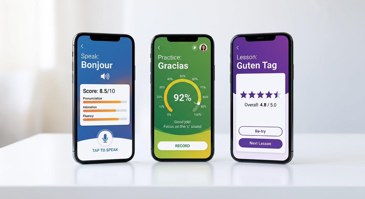 English, photorealistic, three smartphone screens side by side showing different language learning apps with pronunciation scoring interfaces, clean product shot on a white desk, soft studio lighting, minimal text