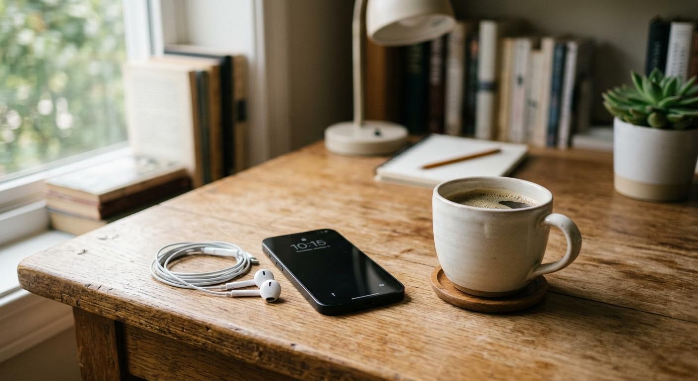 English, photorealistic, a smartphone and a pair of earphones resting on a wooden desk beside a cup of coffee, soft daylight, quiet study corner, shallow depth of field, minimal text