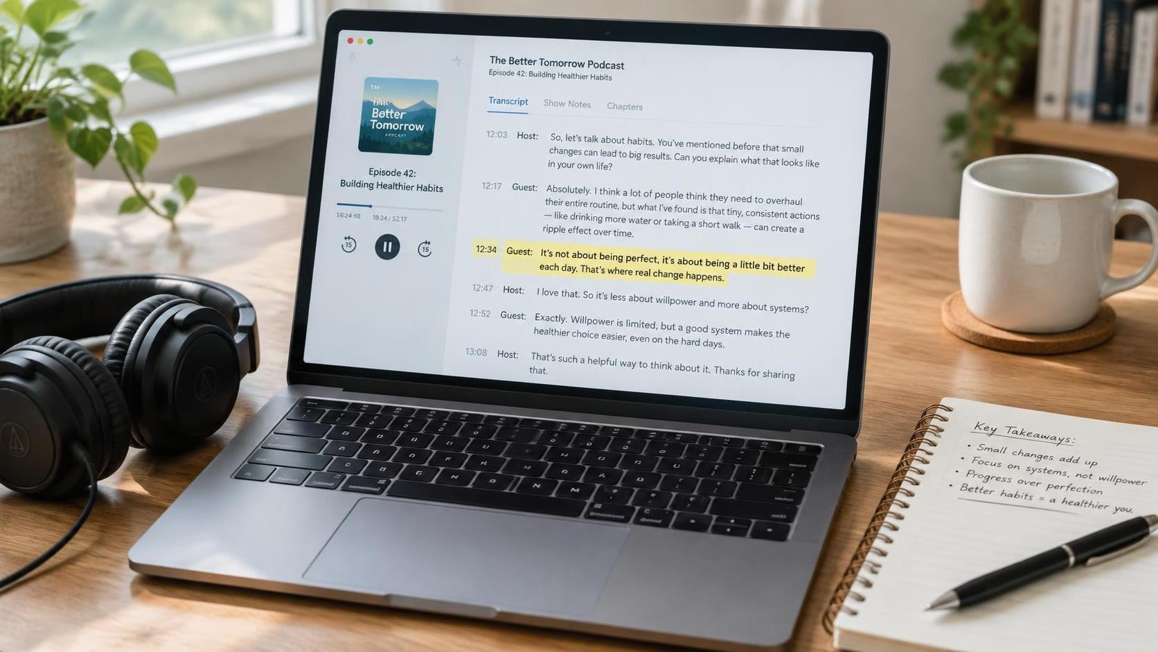 a laptop showing a podcast transcript with one highlighted line, headphones and a notebook on a wooden desk, soft daylight, 比例 16:9