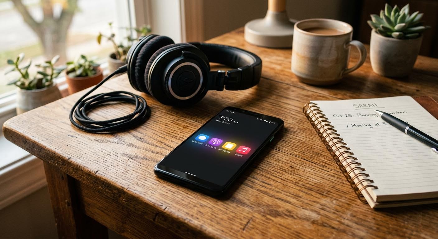 a smartphone on a wooden desk surrounded by headphones and a notebook, four app icons glowing on screen, soft morning light