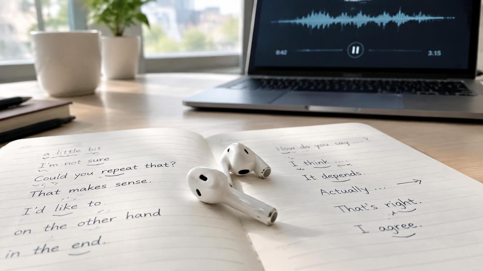 English, photorealistic, a close up of wireless earphones resting on an open notebook full of handwritten English phrases and stress marks, a laptop blurred in the background showing a paused audio waveform, soft morning window light, clean desk, minimal text, 16:9