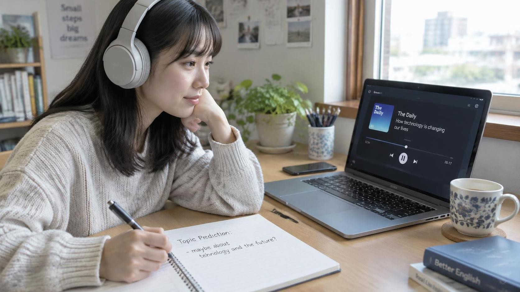 A Japanese English learner listening to a podcast and writing a short topic prediction in a notebook, calm desk setting, natural morning window light, realistic photography, 16:9