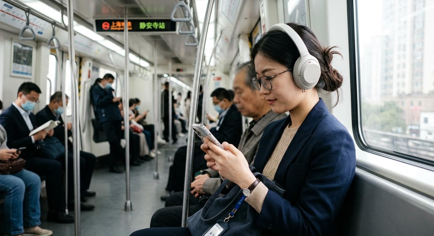 一位年轻职场女性在通勤地铁上戴着耳机，手机屏幕显示英语听力练习界面，自然光线