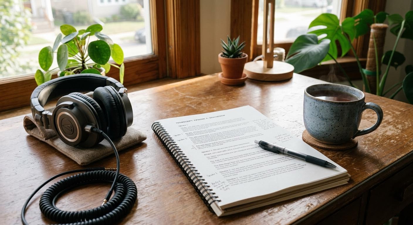 English, photorealistic, a home desk in the afternoon with open over-ear headphones, a printed transcript, a pen and a cup of tea, soft daylight from the left, minimal text