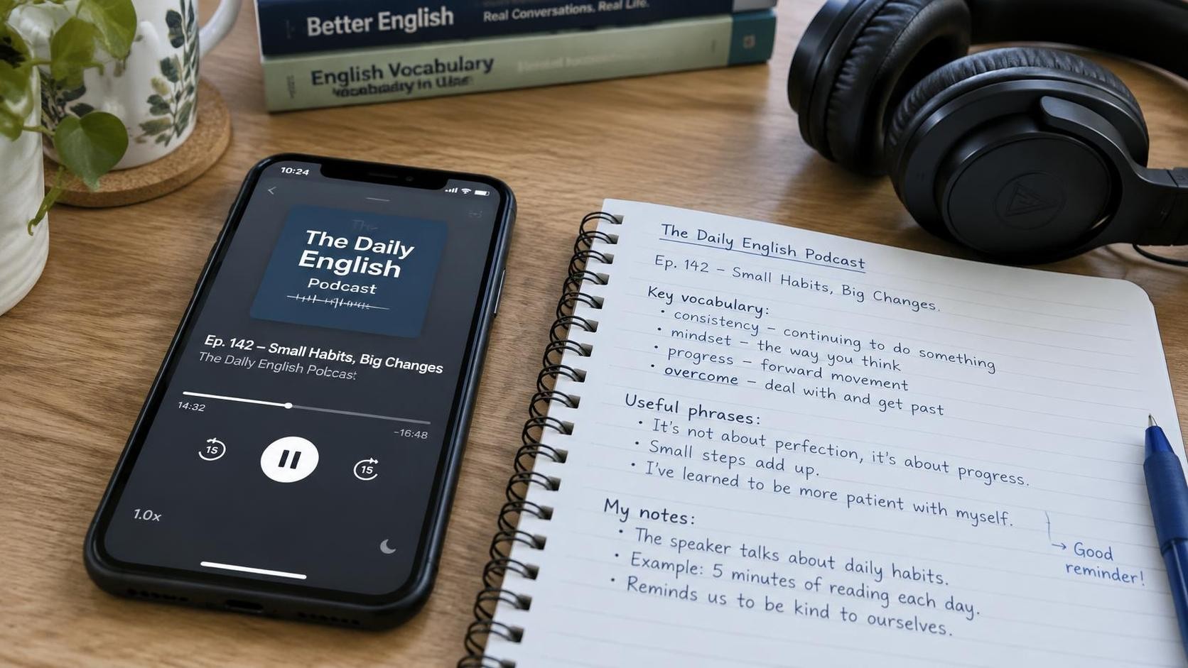 A close view of an English podcast player paused beside a learner's handwritten notes, headphones on a desk, calm natural light, realistic study setting, 16:9