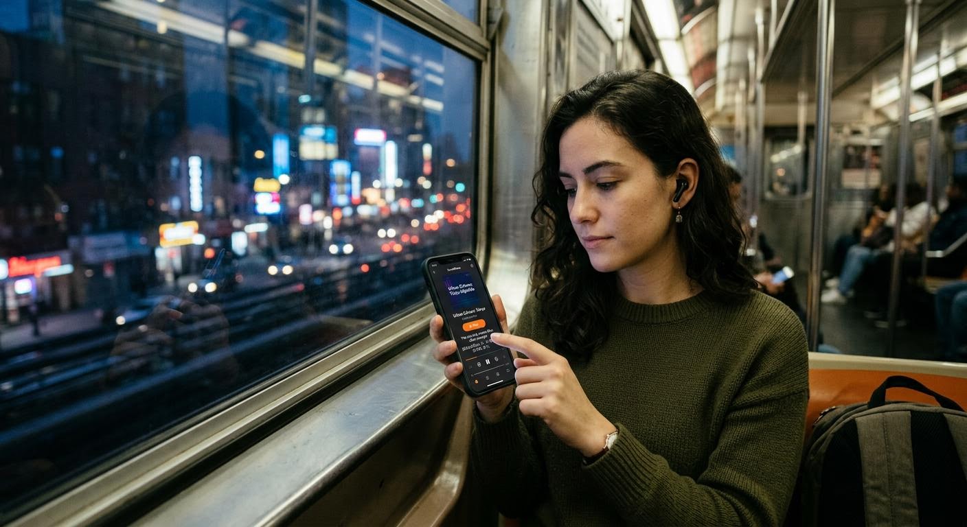 A young woman wearing earphones tapping play on a podcast app while sitting by a subway window, bilingual subtitles visible on the phone screen, city lights softly blurred outside, cool evening tones