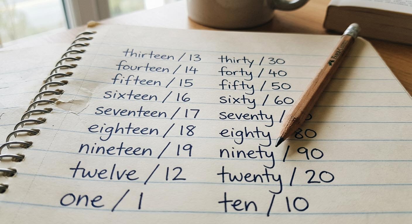 a close-up of a notebook page filled with handwritten English number pairs like thirteen and thirty, a pencil resting on the paper, soft daylight, calm study mood