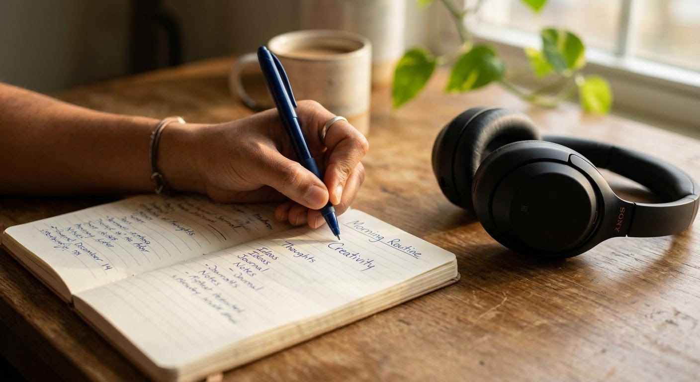 close-up of a hand writing English words in a notebook beside headphones on a desk, warm morning light, shallow depth of field