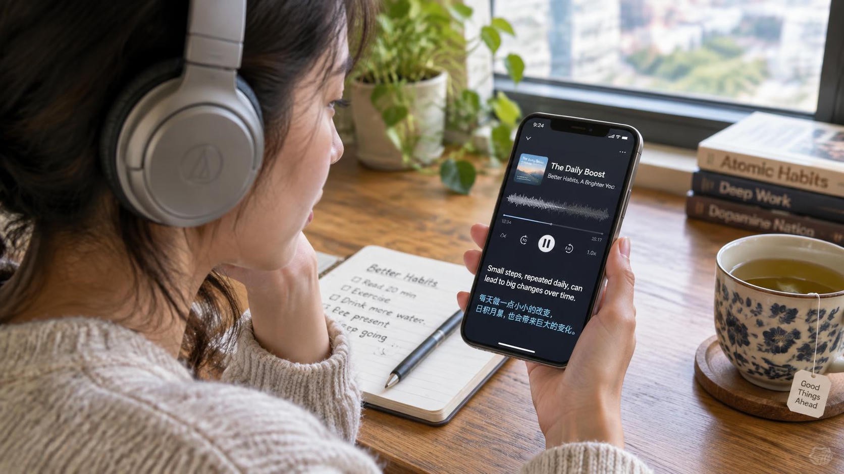A close-up photo of a young woman wearing over-ear headphones at a wooden desk by a window, checking a podcast player interface with waveform and bilingual subtitles on her phone, notebook and tea cup beside her, soft morning daylight, shallow depth of field, 16:9