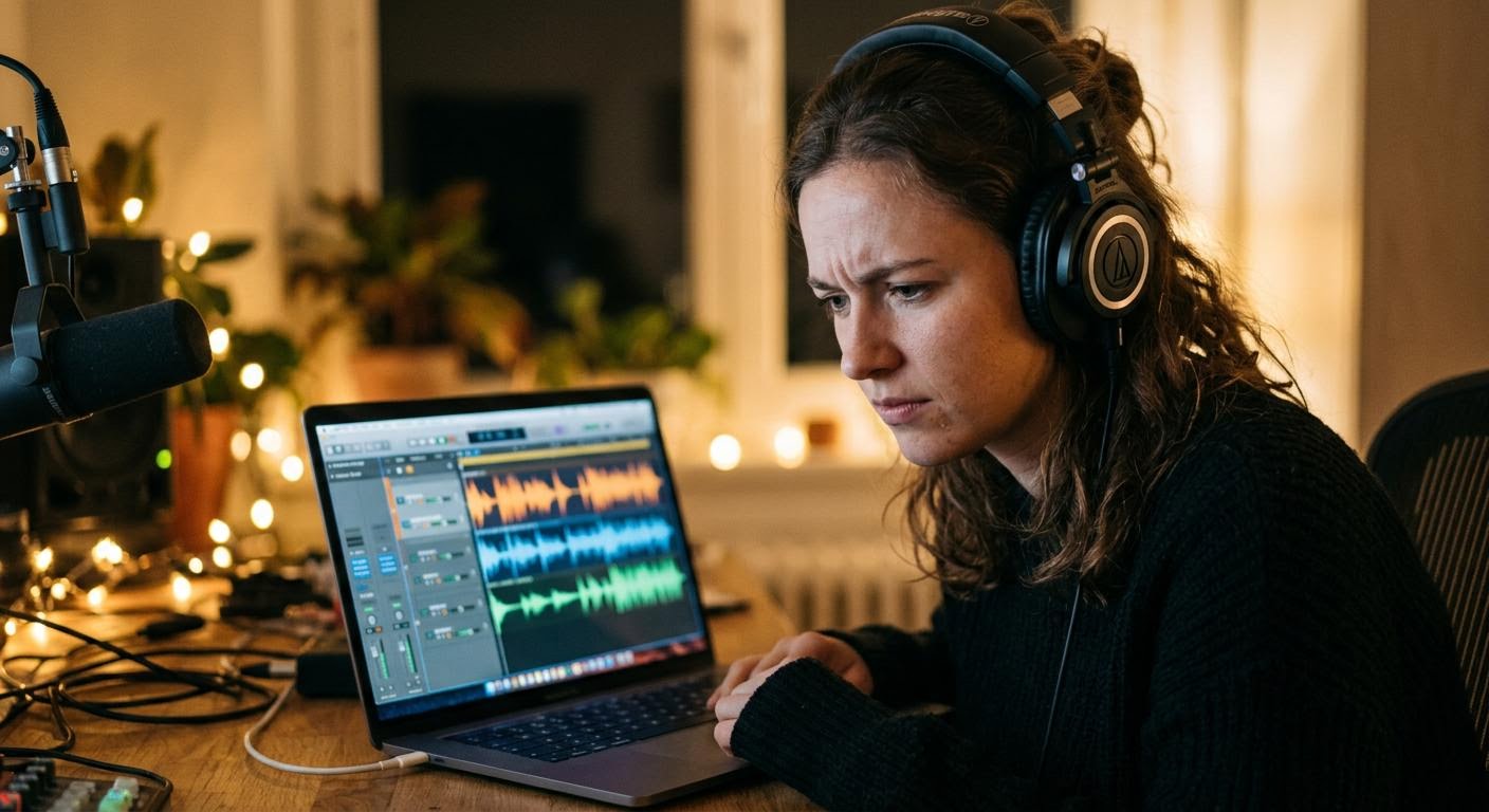 close-up of a person wearing headphones frowning slightly at a laptop screen, blurred waveform on the display, warm indoor lighting, photorealistic