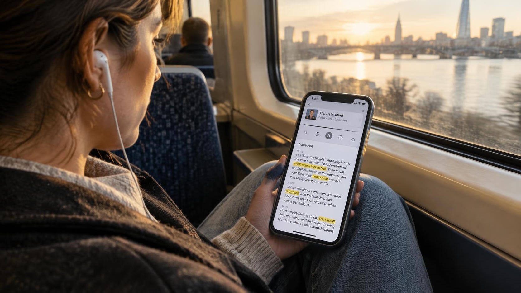 A commuter seated by a train window with earbuds in, phone resting on a knee showing a podcast transcript with several words highlighted, warm morning light across the carriage, photorealistic, 16:9 ratio