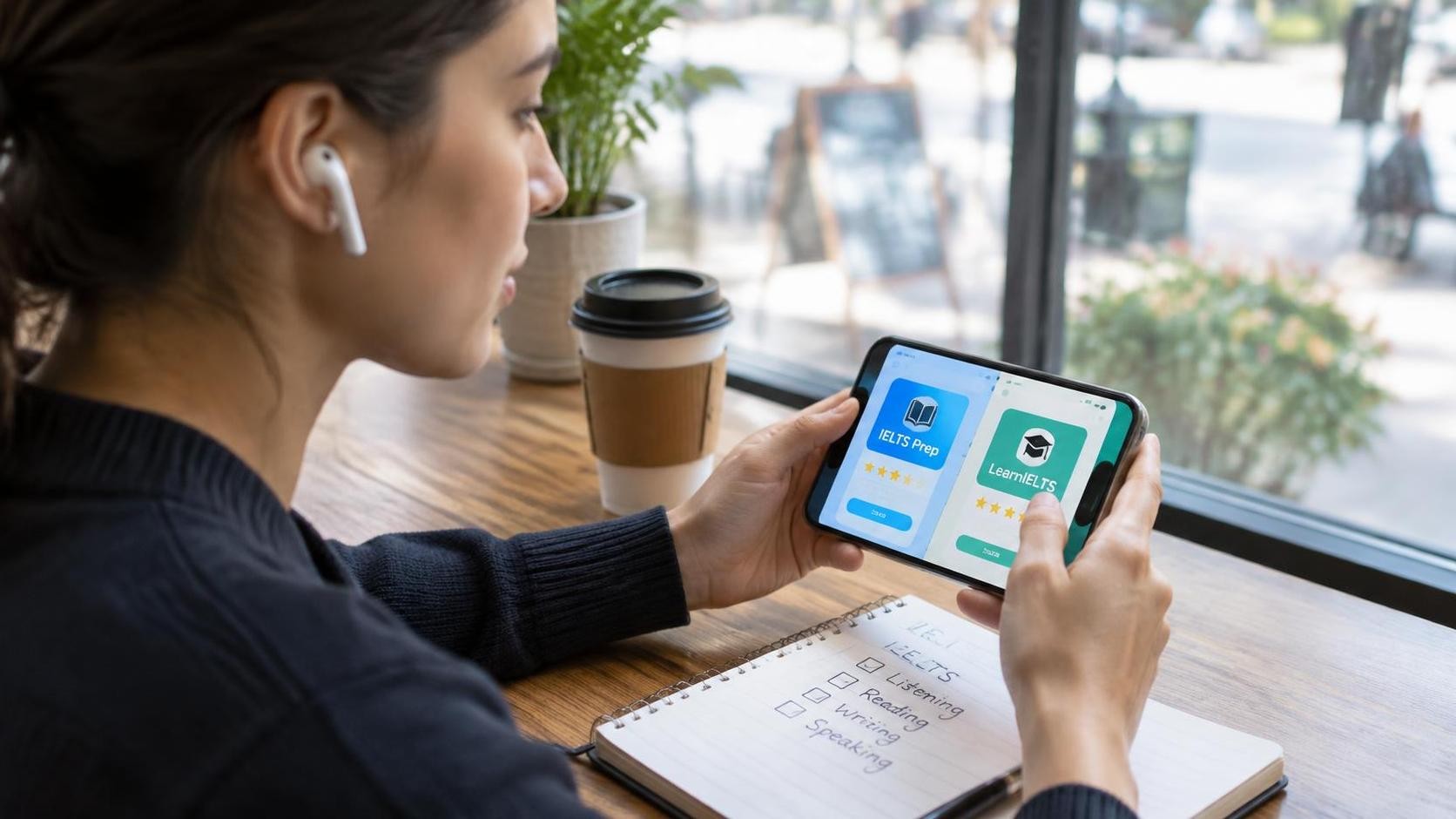 English, photorealistic, an IELTS candidate sitting by a cafe window with a notebook and earbuds, comparing two learning apps on a smartphone screen, afternoon daylight, shallow depth of field, minimal text, 16:9